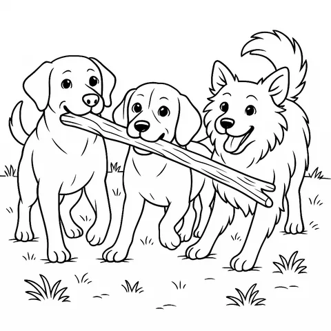 Three Happy Dogs Stick Fun Coloring Page