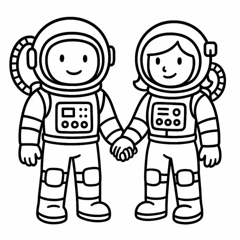 Astronaut Friends Space Adventure Coloring Page