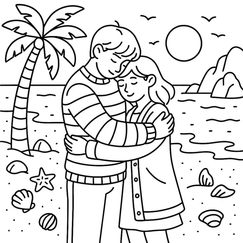 Loving Beach Embrace Scene Coloring Page