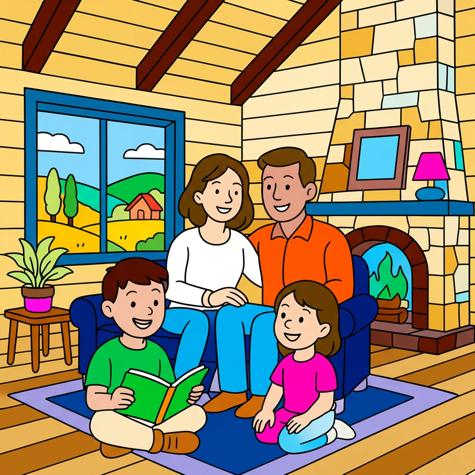 Cozy Family Reading Time Coloring Page colored reference