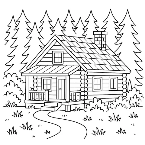 Cozy Forest Log Cabin Coloring Page