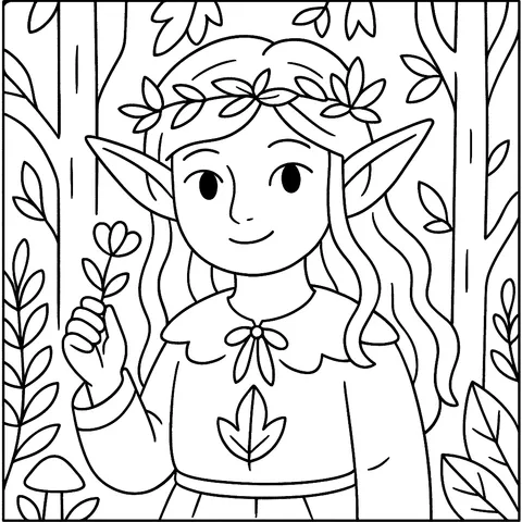 Enchanting Forest Elf Maiden Coloring Page