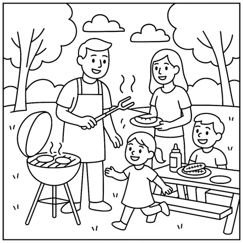 Family Barbecue Fun Time Coloring Page