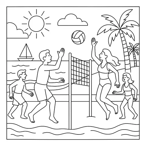 Family Beach Volleyball Fun Coloring Page