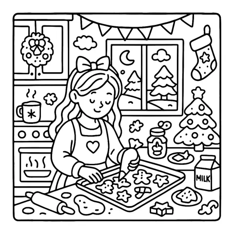 Girl Baking Christmas Cookies Coloring Page