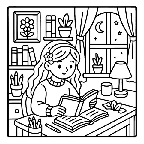 Girl Studying Cozy Night Scene Coloring Page
