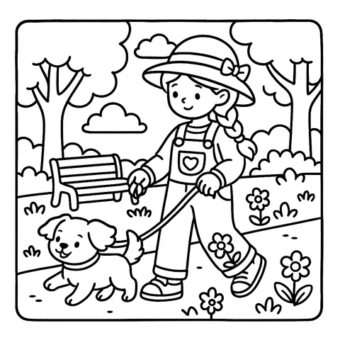 Sunny Park Day with Puppy Coloring Page