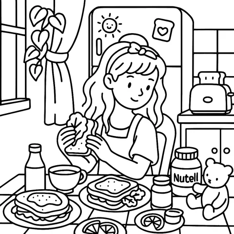 Girl's Sunny Sandwich Time Coloring Page