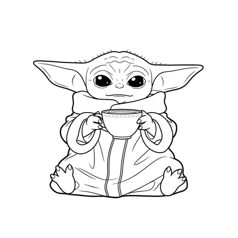 Cute Grogu Sipping Drink Coloring Page