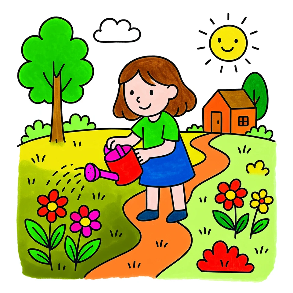 Little Gardener's Sunny Day Coloring Page colored reference