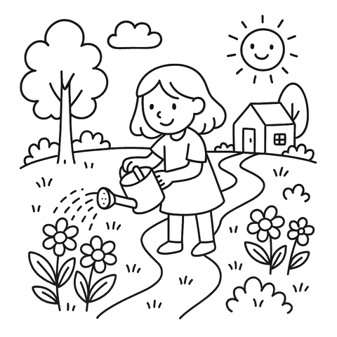 Little Gardener's Sunny Day Coloring Page