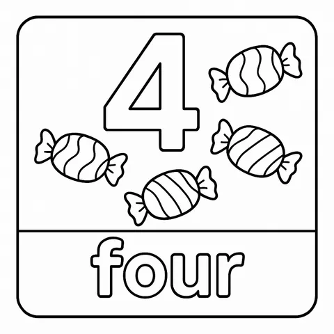 Number Four Candies Flashcard Coloring Page