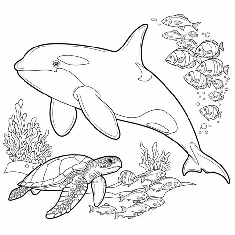 Orca and Turtle Ocean Adventure Coloring Page