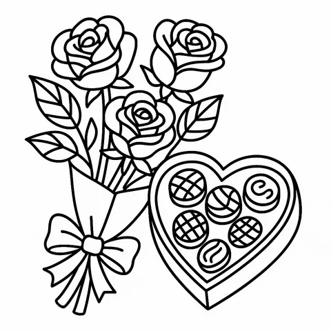 Romantic Roses and Chocolates Coloring Page