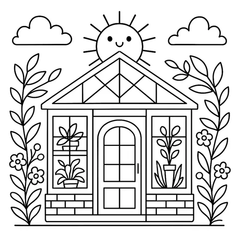 Sunny Greenhouse Garden Coloring Page