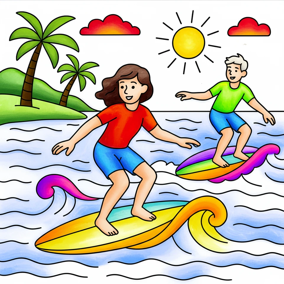 Sunny Surf Day Adventure Coloring Page colored reference