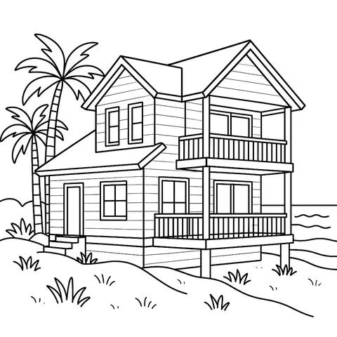Tropical Beach House Getaway Coloring Page