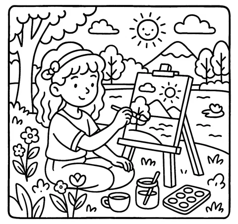 Young Artist Paints Landscape Coloring Page